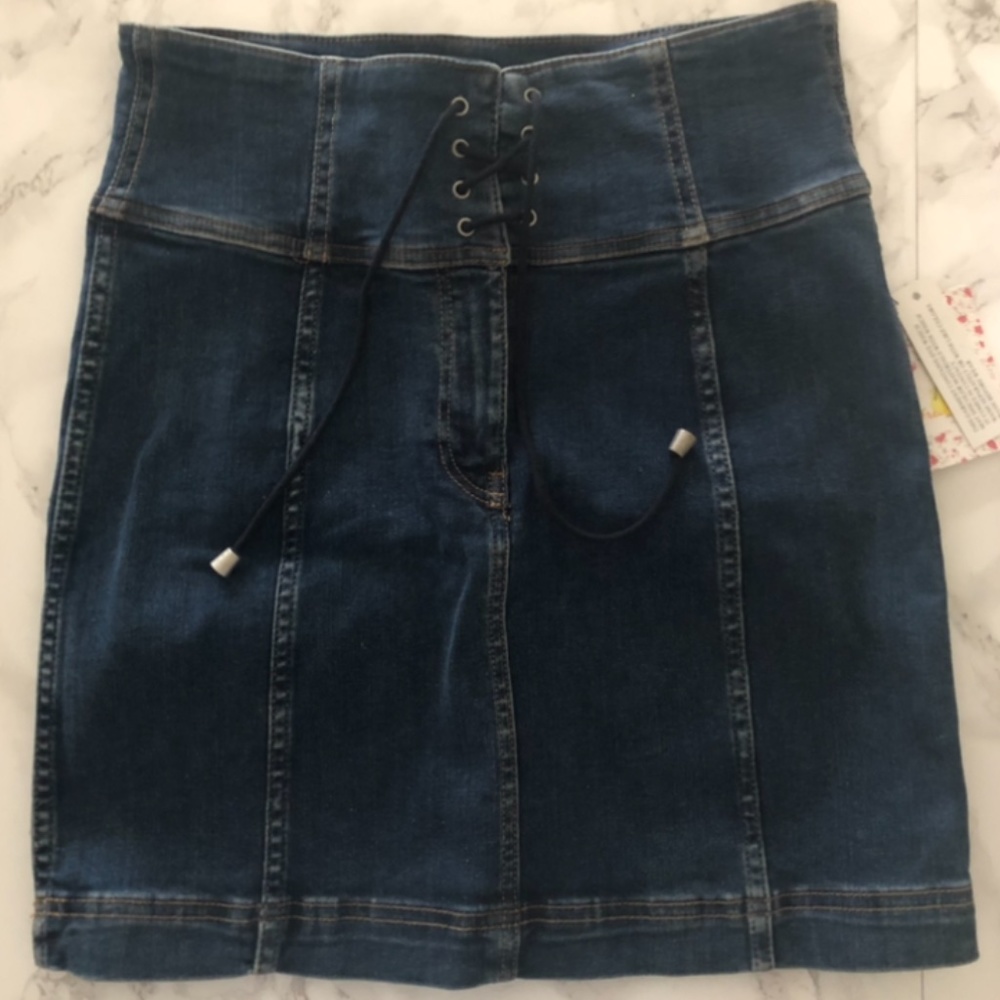 Free People NWT LaceUp Modern Femme Denim Skirt